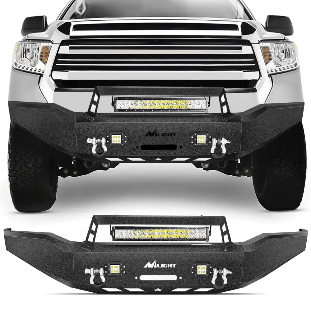 2007-2013 Toyota Tundra Front Bumper Full Width Solid Steel with Winch Plate 120W LED Light Bar 2Pcs 18W Light Pods Nilight