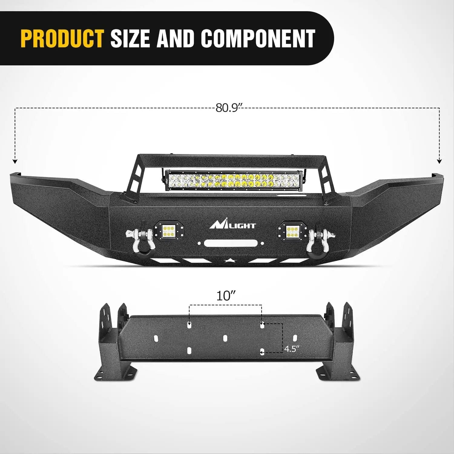 2007-2013 Toyota Tundra Front Bumper Full Width Solid Steel with Winch Plate 120W LED Light Bar 2Pcs 18W Light Pods Nilight