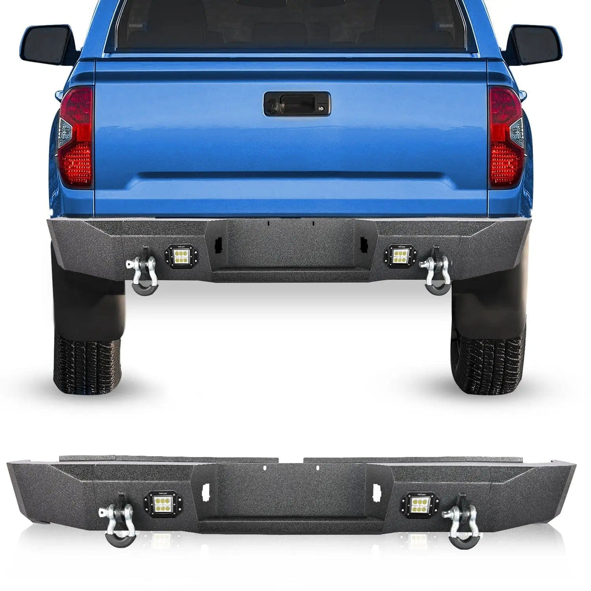 2007-2013 Toyota Tundra Rear Step Bumper Full Width Textured Black Solid Steel Off-Road with 2Pcs Upgraded 18W LED Lights D-Rings Nilight