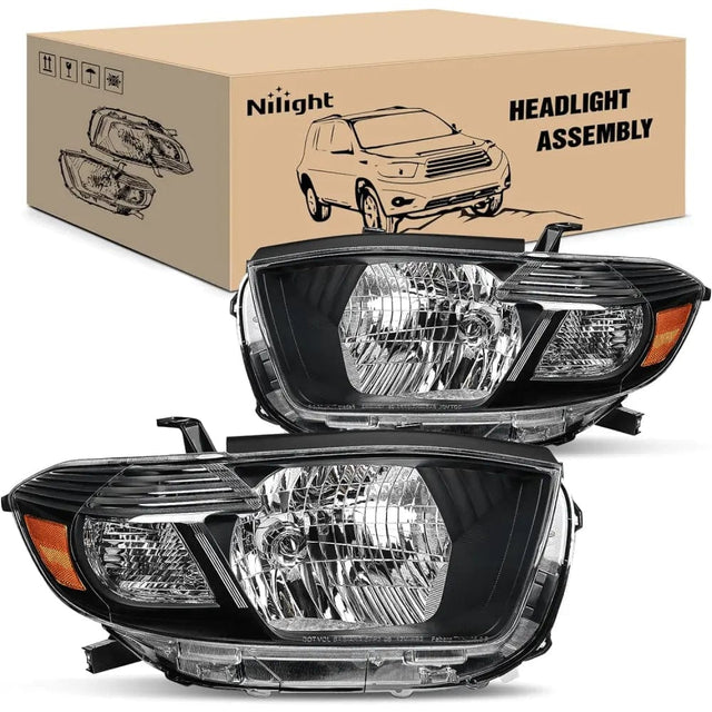 2008-2010 Toyota Highlander Headlight Assembly Black Housing Amber Reflector Nilight