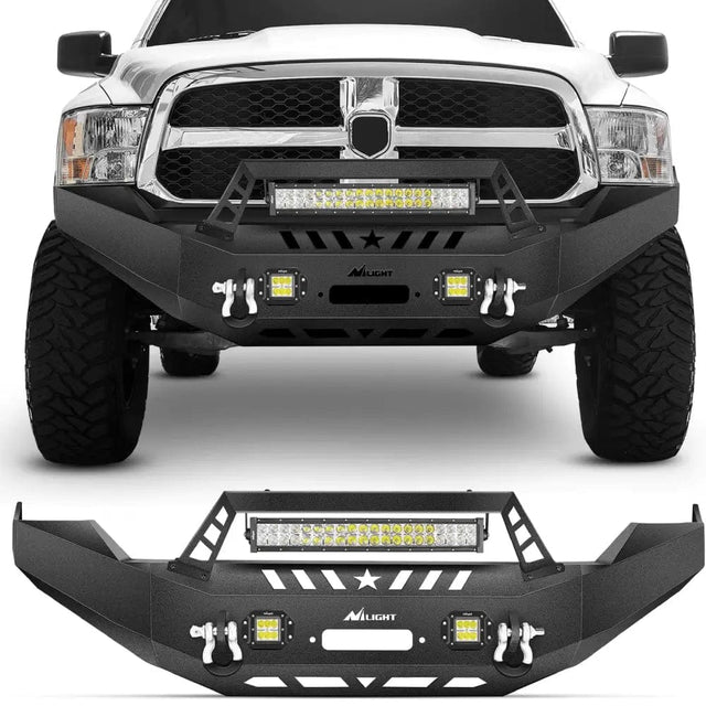 2013-2018 Dodge Ram 1500 Front Bumper Full Width Solid Steel with Winch Plate Offroad 120W LED Light Bar 2Pcs 18W Light Pods D-Rings Nilight