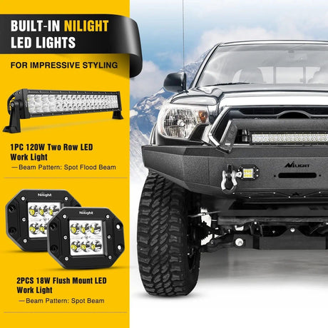 2014-2021 Toyota Tundra Front Bumper Full Width Steel with Winch Plate Offroad 120W Light Bar 18w LED Light Pods Nilight