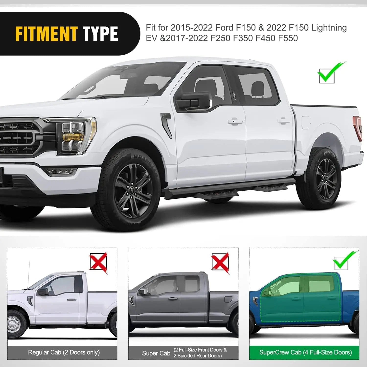 2015-2022 Ford F150 | 2022 F150 Lightning EV | 2017-2022 F250 F350 F450 F550 SuperCrew Cab Running Boards Nilight