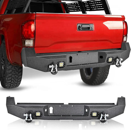 2016-2024 Toyota Tacoma Rear Step Bumper Full Width Textured Black Solid Steel Off-Road with 2Pcs Upgraded 18W LED Lights D-Rings Nilight