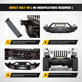 Front Bumper 2018-2023 Jeep Wrangler JL Front Bumper Winch Plate with 72W LED light bar 2Pcs 18W LED Work Light Pod License Plate Bracket