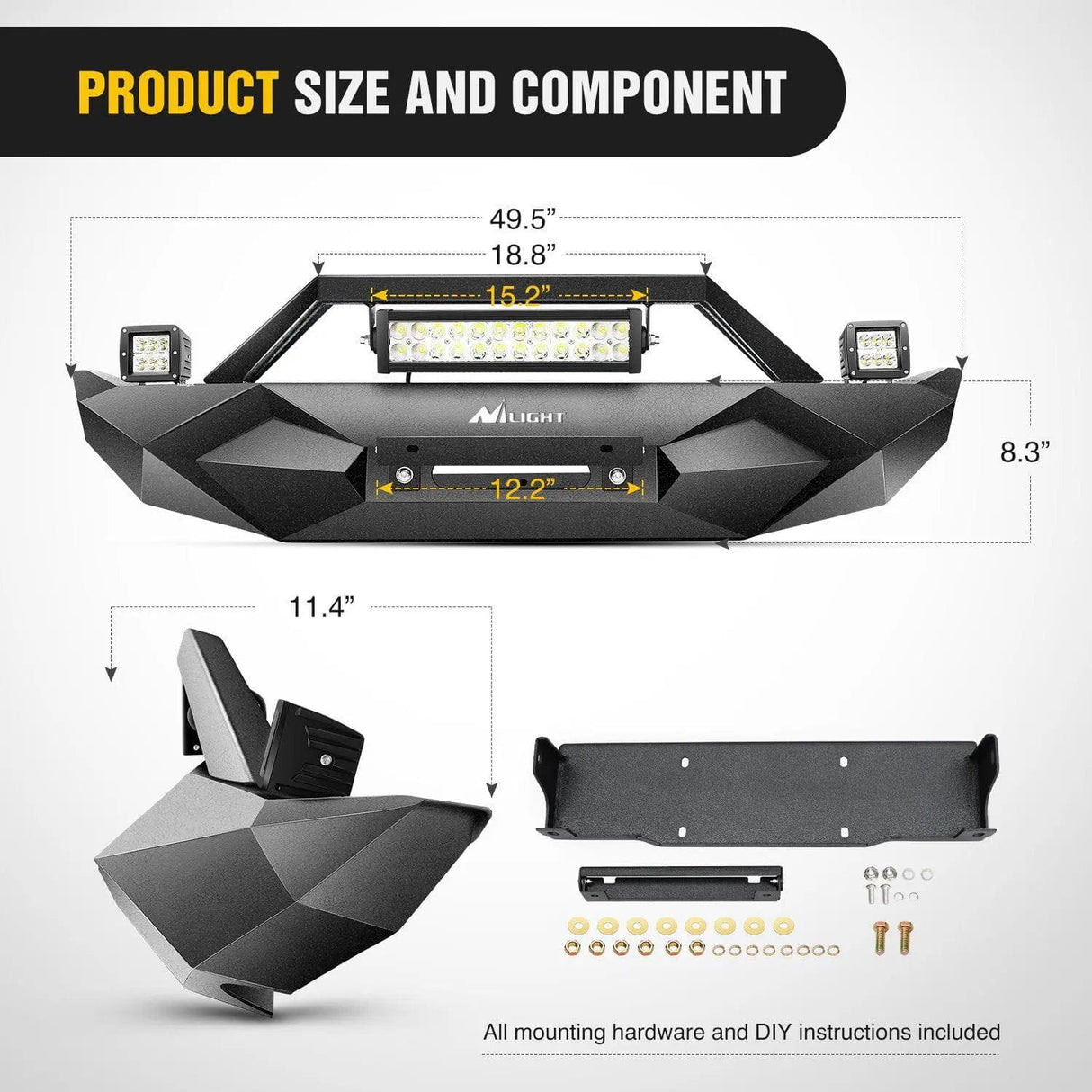 Front Bumper 2018-2023 Jeep Wrangler JL Front Bumper Winch Plate with 72W LED light bar 2Pcs 18W LED Work Light Pod License Plate Bracket