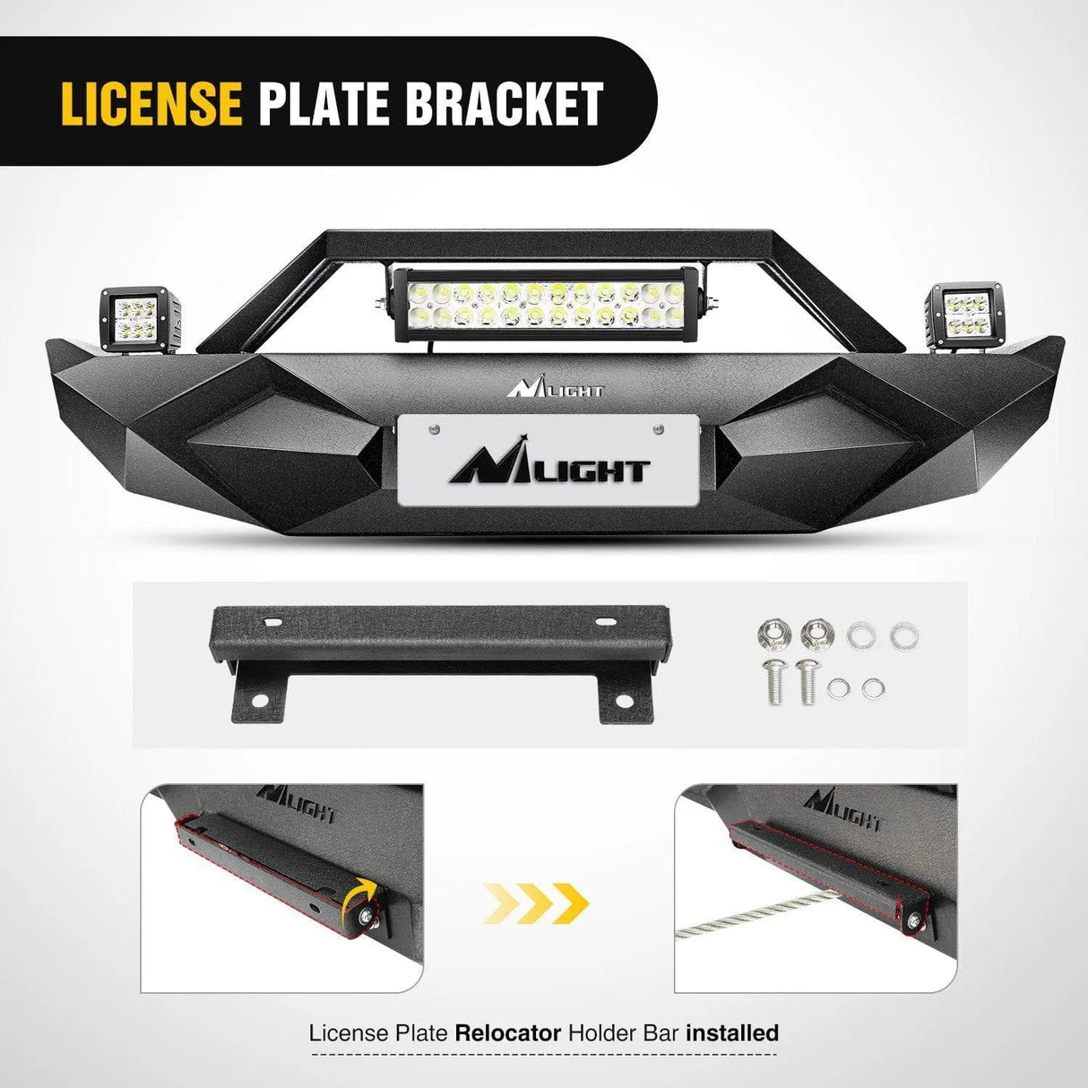 Front Bumper 2018-2023 Jeep Wrangler JL Front Bumper Winch Plate with 72W LED light bar 2Pcs 18W LED Work Light Pod License Plate Bracket