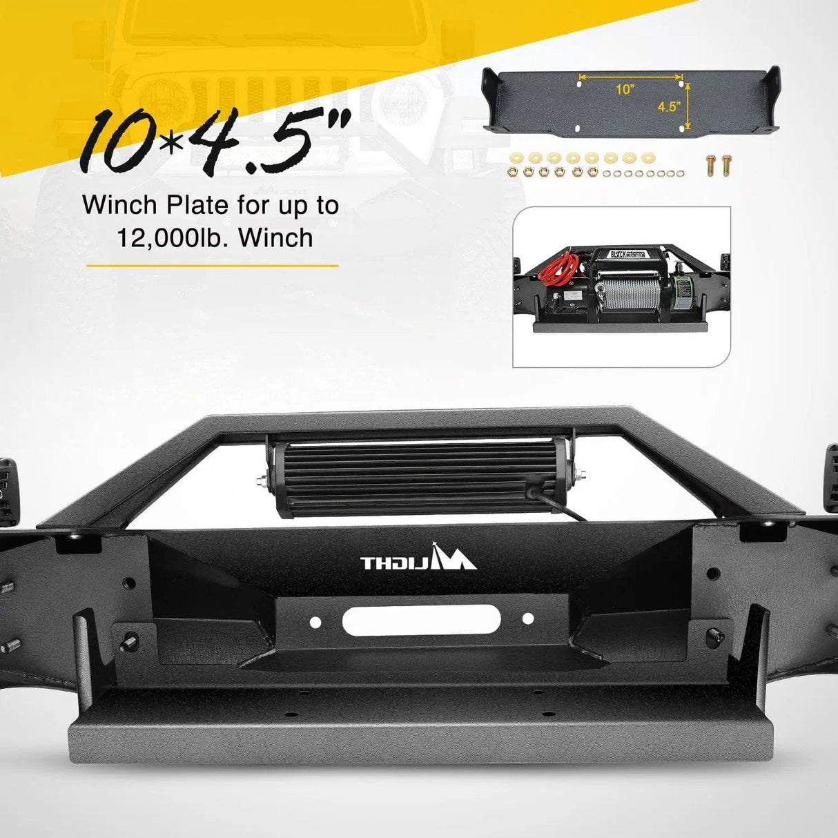 Front Bumper 2018-2023 Jeep Wrangler JL Front Bumper Winch Plate with 72W LED light bar 2Pcs 18W LED Work Light Pod License Plate Bracket