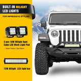 Front Bumper 2018-2023 Jeep Wrangler JL Front Bumper Winch Plate with 72W LED light bar 2Pcs 18W LED Work Light Pod License Plate Bracket