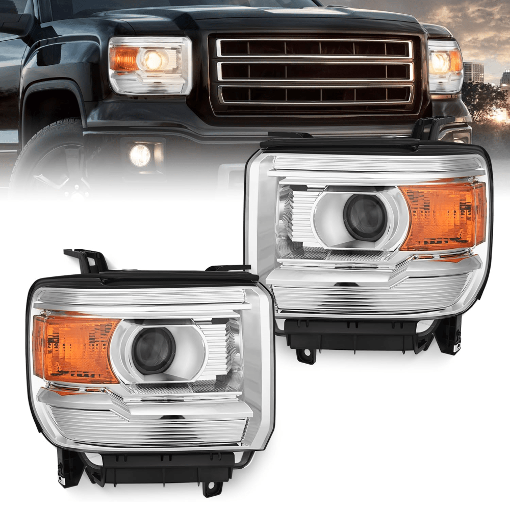 2014-2018 GMC Sierra 1500 2500HD 3500HD Base Headlight Assembly Chrome Housing Amber Reflector Clear Lens