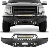 2009-2014 Ford F150 Front Bumper Full Width Solid Steel with Winch Plate Offroad 120W LED Light Bar 2Pcs 18W LED Work Light Pods Nilight