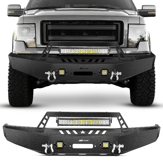 2009-2014 Ford F150 Front Bumper Full Width Solid Steel with Winch Plate Offroad 120W LED Light Bar 2Pcs 18W LED Work Light Pods Nilight