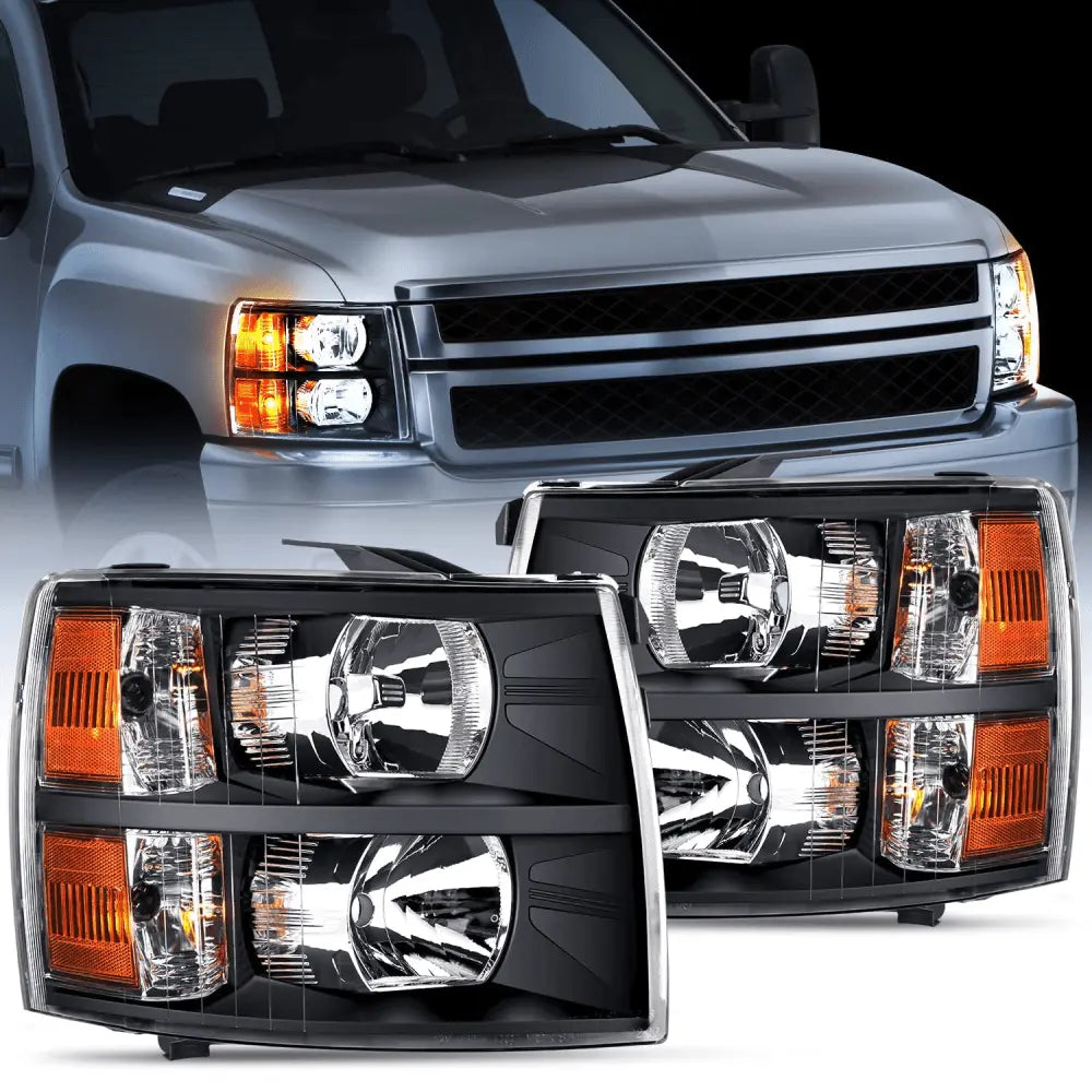 2007-2013 Chevy Silverado 1500 2007-2014 Silverado 2500HD 3500HD Headlight Assembly Black Case Amber Reflector Nilight