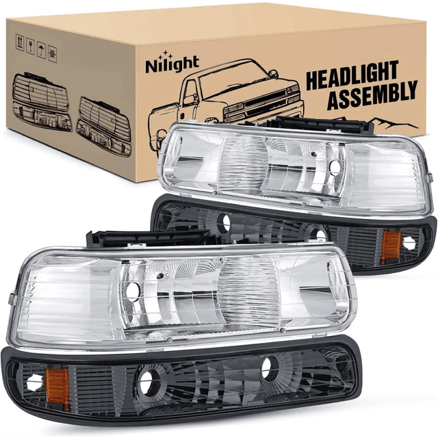 Headlight Assembly 1999-2002 Chevy Silverado Avalanche 1500 1500HD 2500 2500HD 3500 Chevrolet Tahoe Suburban Headlight Assembly Chrome Case Amber Reflector Smoke Lens