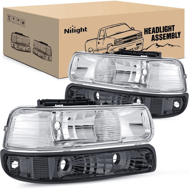 Headlight Assembly 1999-2002 Chevy Silverado Avalanche 1500 1500HD 2500 2500HD 3500 Chevrolet Tahoe Suburban Headlight Assembly Chrome Case Clear Reflector Smoke Lens