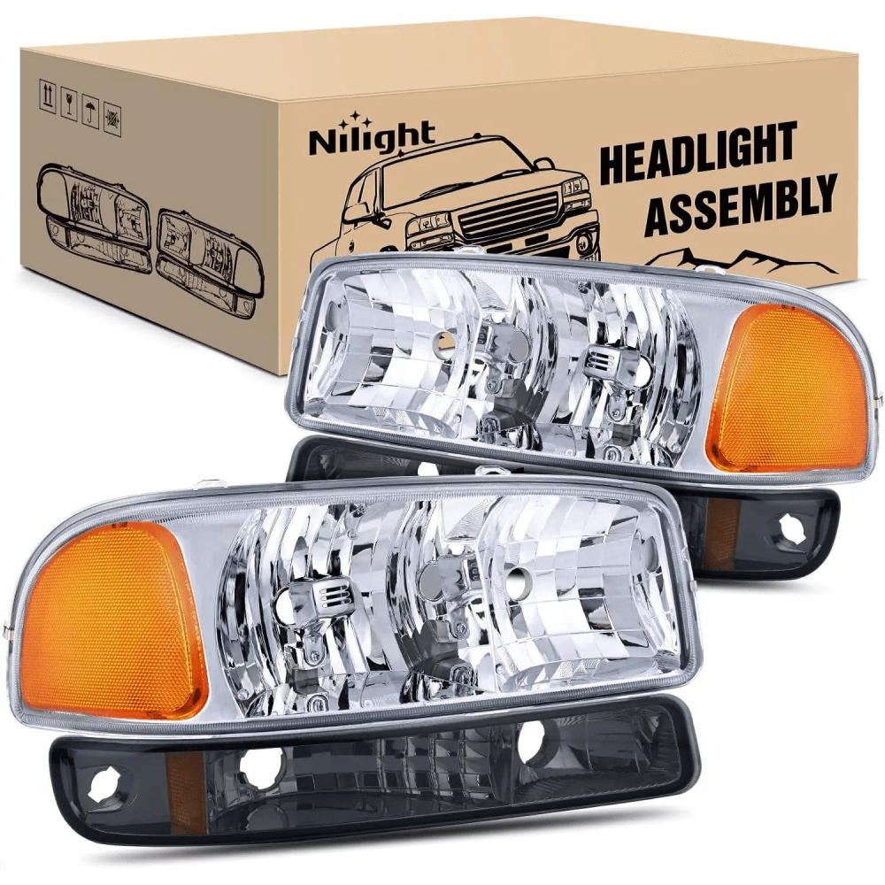 Headlight Assembly 1999-2006 GMC Sierra Yukon Headlight Assembly Chrome Case Amber Reflector Smoke Lens