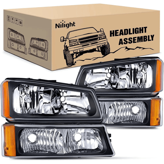 Headlight Assembly 2003-2006 Chevy Silverado Avalanche 1500 1500HD 2500 2500HD 3500 Headlight Assembly Black Case Amber Reflector