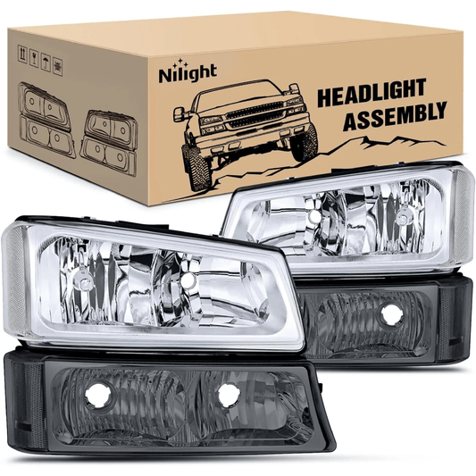 Headlight Assembly Chrome Case Silver Corner Smoke Lens For 2003-2006 Silverado Nilight