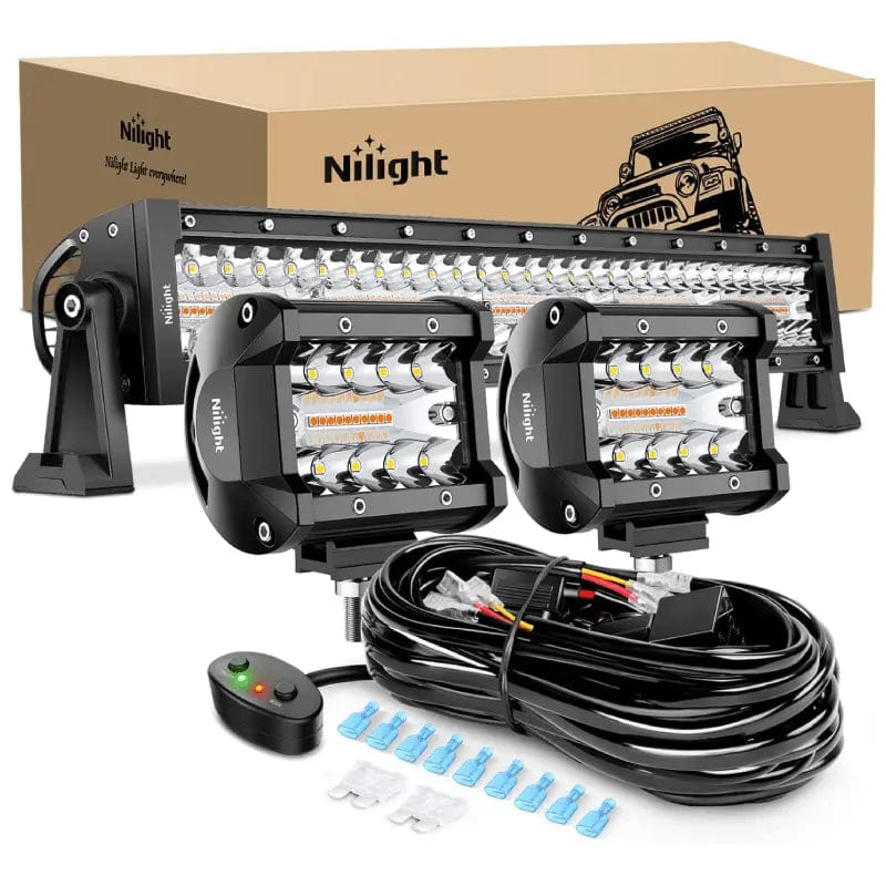 22 Inch 480W Triple Row Amber White Spot Flood LED Light Bar | 2Pcs 4 Inch 60W LED Pods | 16AWG DT Wire 3 Leads Nilight