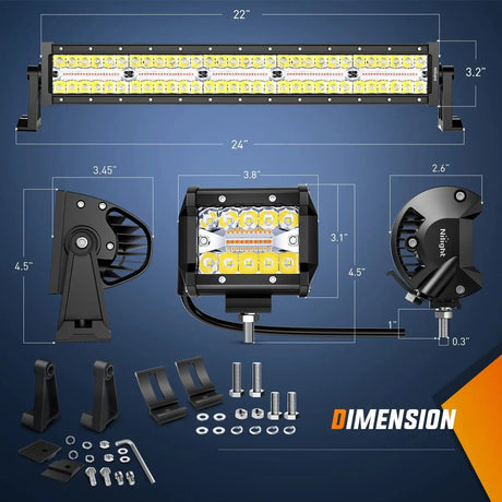 22 Inch 480W Triple Row Amber White Spot Flood LED Light Bar | 2Pcs 4 Inch 60W LED Pods | 16AWG DT Wire 3 Leads Nilight