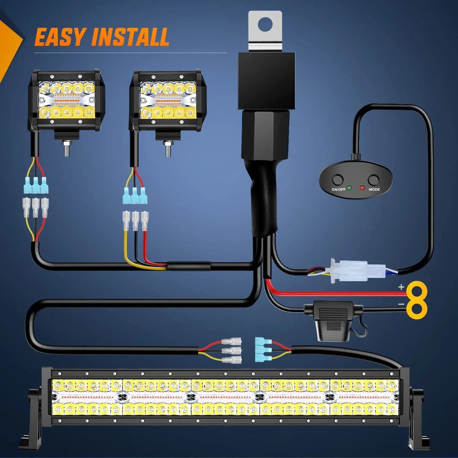 22 Inch 480W Triple Row Amber White Spot Flood LED Light Bar | 2Pcs 4 Inch 60W LED Pods | 16AWG DT Wire 3 Leads Nilight