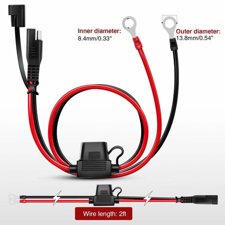 Wiring Harness Kit 2FT SAE DC Extension Cable Ring Terminal Harness Wire 2Pin Plug Cable