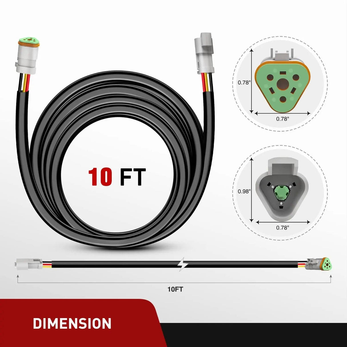 2PCS 16AWG 10FT Wire Extension Kit 3Pin Socket DT Connector Nilight