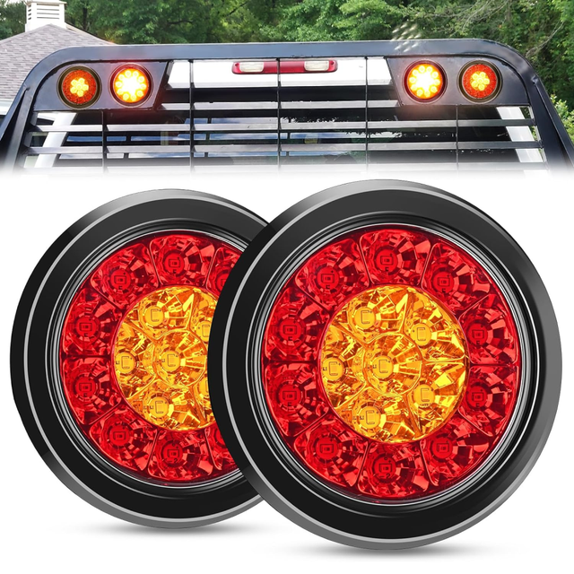 4 Inch Red Amber Round 16Leds Tail Light Flush Mount Grommet (Pair) Nilight