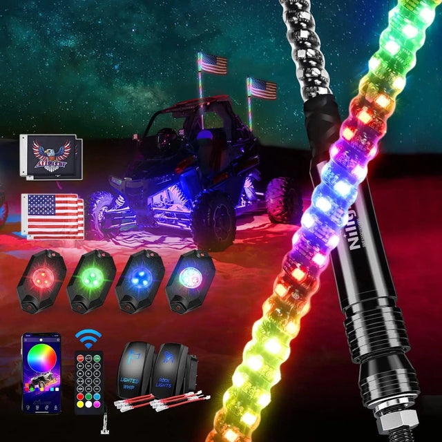 2Pcs 3FT Spiral Antenna Bluetooth Remote App Control Led Whip Light | 4Pcs RGB Rock Lights | Wire 5Pin Switch Kits Nilight