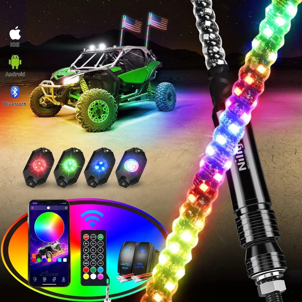 2Pcs 4FT Spiral Antenna Bluetooth Remote App Control Led Whip Light | 4Pcs RGB Rock Lights | Wire 5Pin Switch Kits Nilight