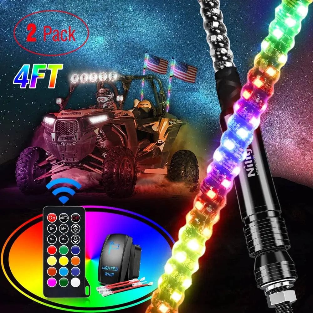 2Pcs 4FT Spiral Antenna Led Whip Light RF Remote Control | 8.6FT Wire 5Pin Switch Nilight