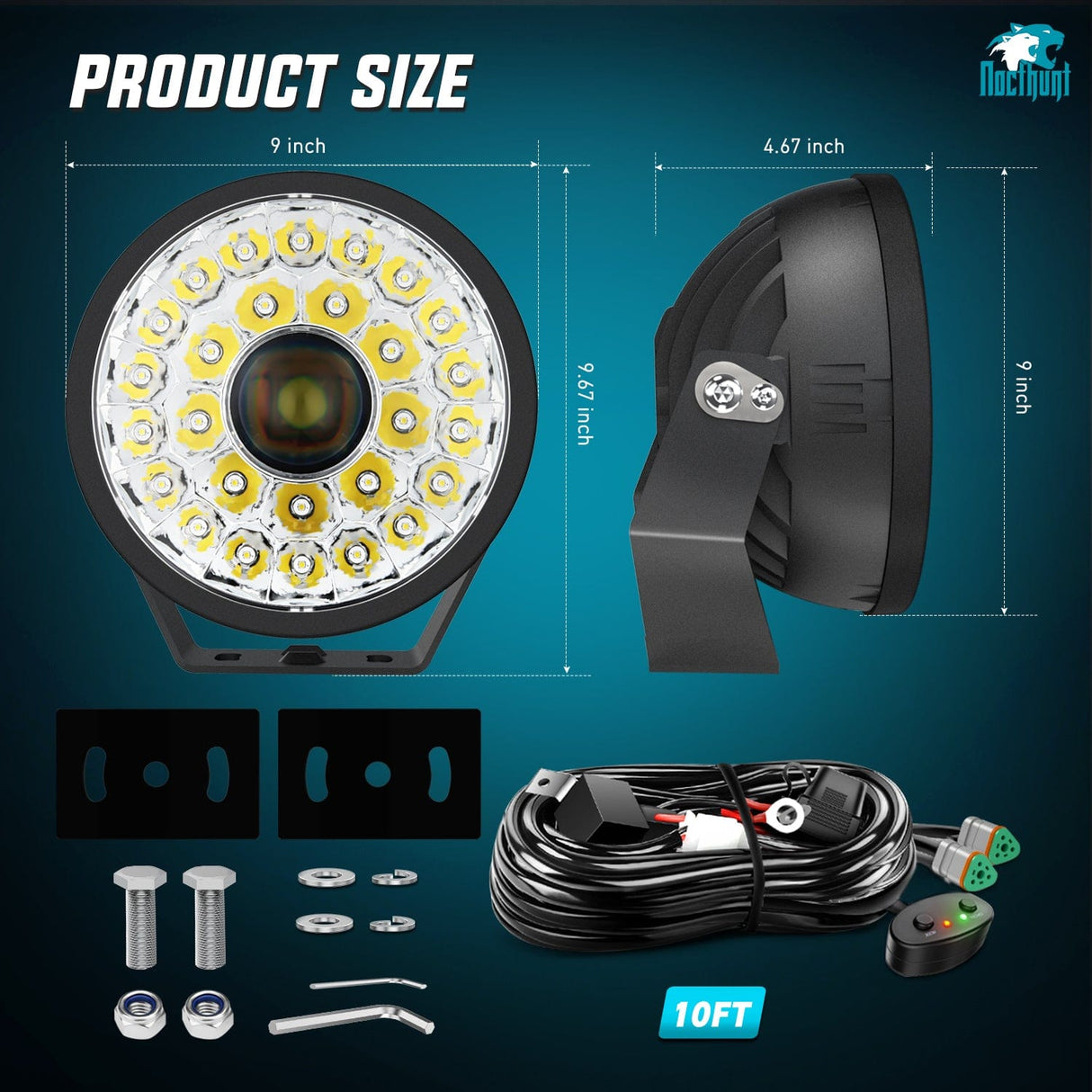 9Inch 160W Round Offroad Light Hyper Spot Beam Work Light (Pair) | 12 AWG DT Connector Wiring Harness Kit Nilight