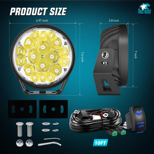 7Inch 90W Round Offroad Light with Yellow Black Covers Hyper Spot Beam Work Light (Pair) | 14 AWG DT Connector Wiring Harness Kit Nilight