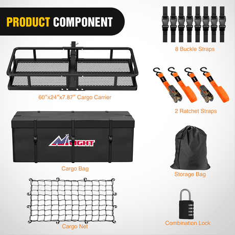 60 x 24 x 7.87 Inch Hitch Cargo Carrier Fits 2-Inch Receiver With Waterproof Cargo Bag Cargo Net Ratchet Straps Nilight