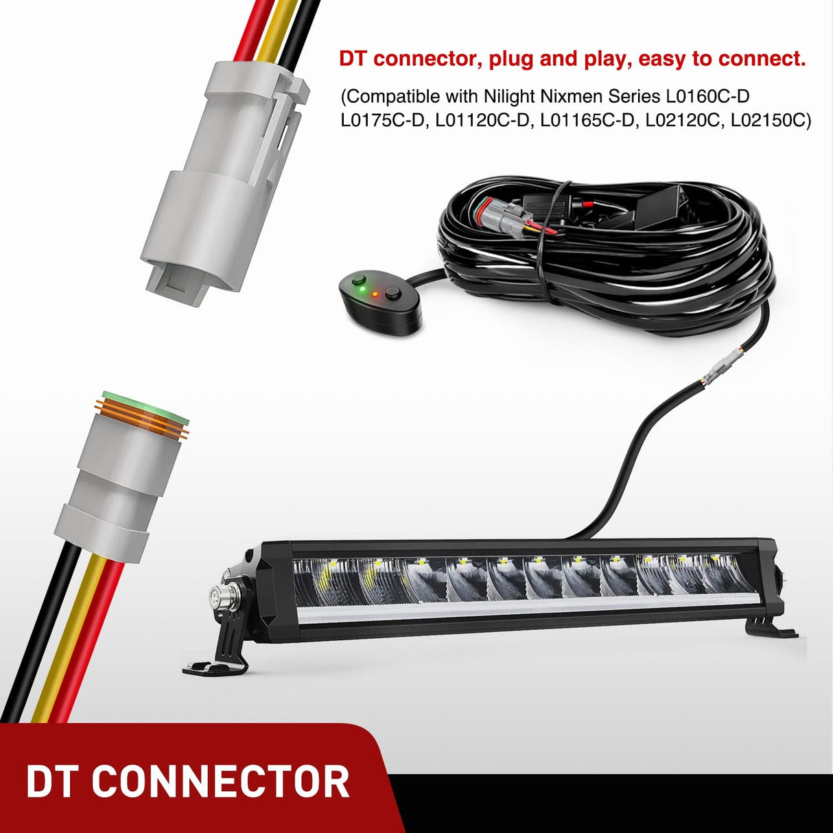 12AWG DT Connector Wiring Harness Kit 1 Lead 12V On Off Switch Nilight