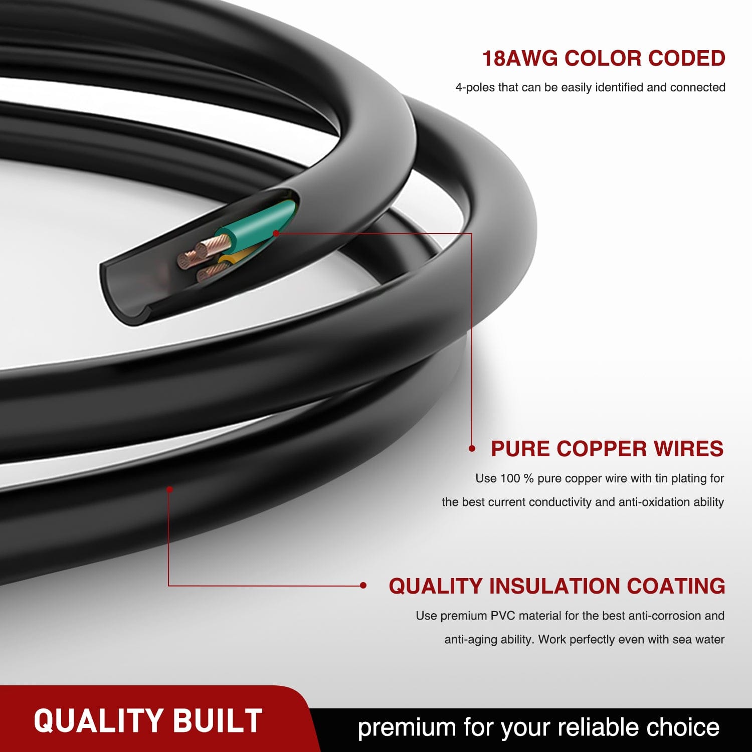 4 Way Flat Trailer Coiled Extension Cable 3 Feet Heavy Duty Jacket Cable Male and Female Wiring Harness Adapter