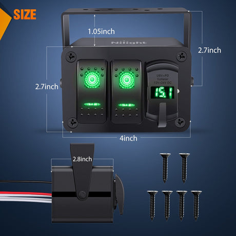 2Gang Aluminum ON/Off Rocker Switch Box w/ QC 3.0 Dual USB Charger Voltmeter with Green Backlit Nilight