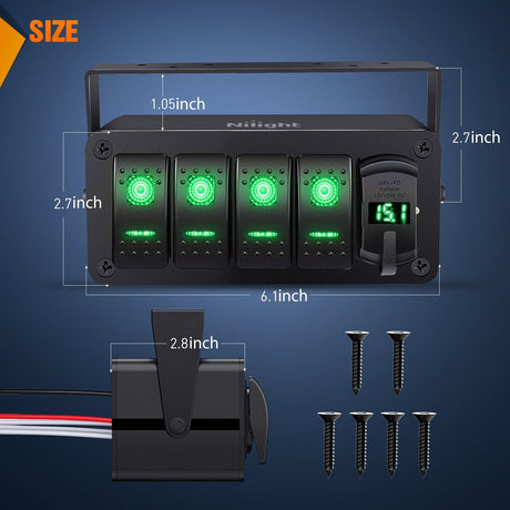 4Gang Aluminum ON/Off Rocker Switch Box w/ QC 3.0 Dual USB Charger Voltmeter with Green Backlit Nilight