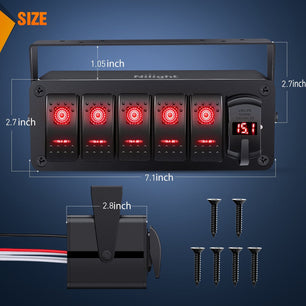 5Gang Aluminum ON/Off Rocker Switch Box w/ QC 3.0 Dual USB Charger Voltmeter with Red Backlit Nilight