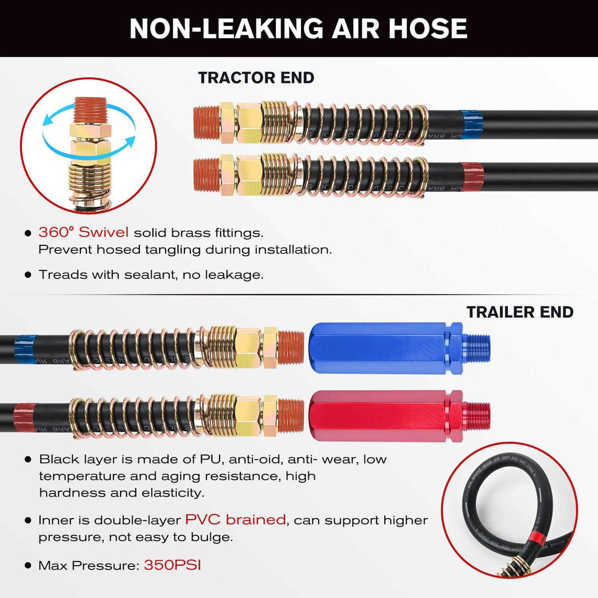 12FT 3-in-1 ABS Electrical Cord & Rubber Air Line Hose Kit with Gladhand&Handles Nilight