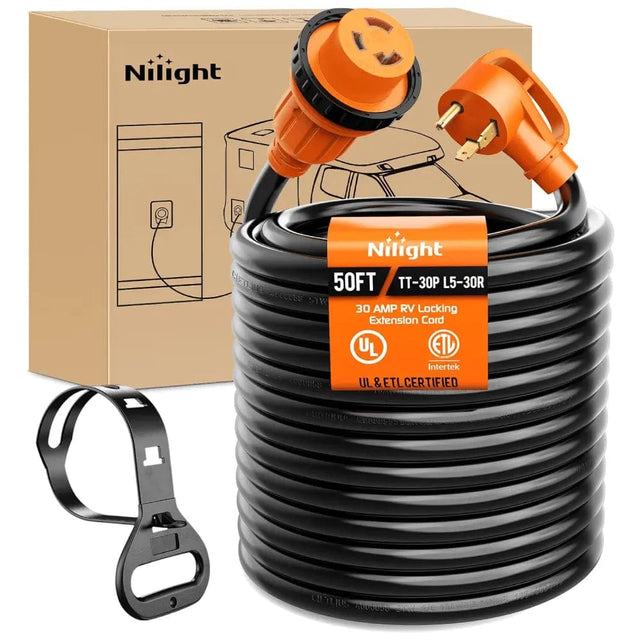 30Amp RV 50FT Locking Extension Cord Drag Tool Nilight