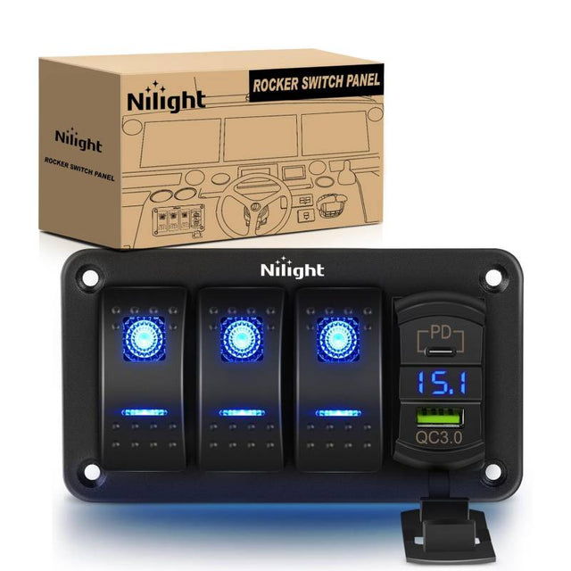 3Gang Aluminum 5Pin ON/Off Blue Rocker Switch Panel w/ PD Type C & USB Charger Voltmeter Nilight