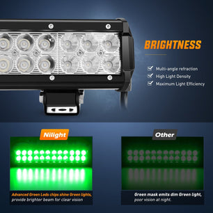 72W 12Inch Spot Flood Combo Led Light Bar- Green Beam Nilight