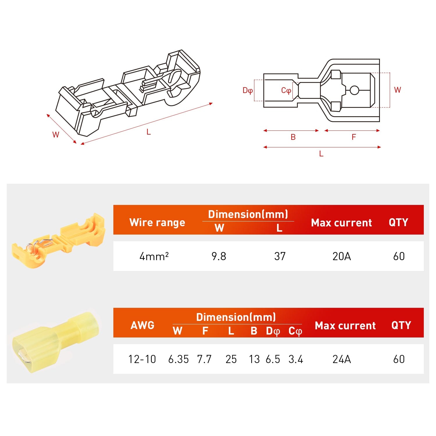 120PCS/60 Pairs Quick Splice Disconnect Wire Terminals T-Tap Spade Wire Connectors Yellow Nilight