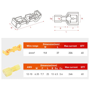 120PCS/60 Pairs Quick Splice Disconnect Wire Terminals T-Tap Spade Wire Connectors Yellow Nilight