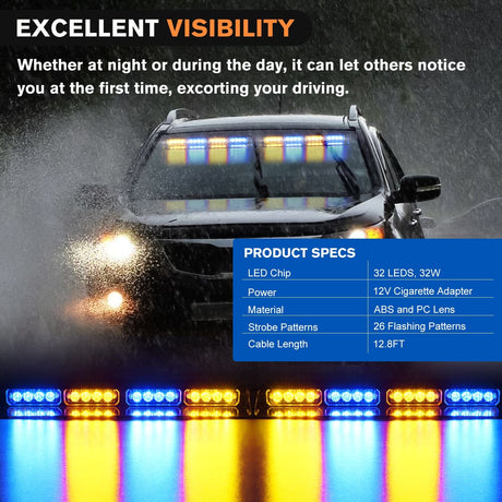 32LED Amber Blue Emergency Dash Strobe Lights with Controller Suction Cups Nilight