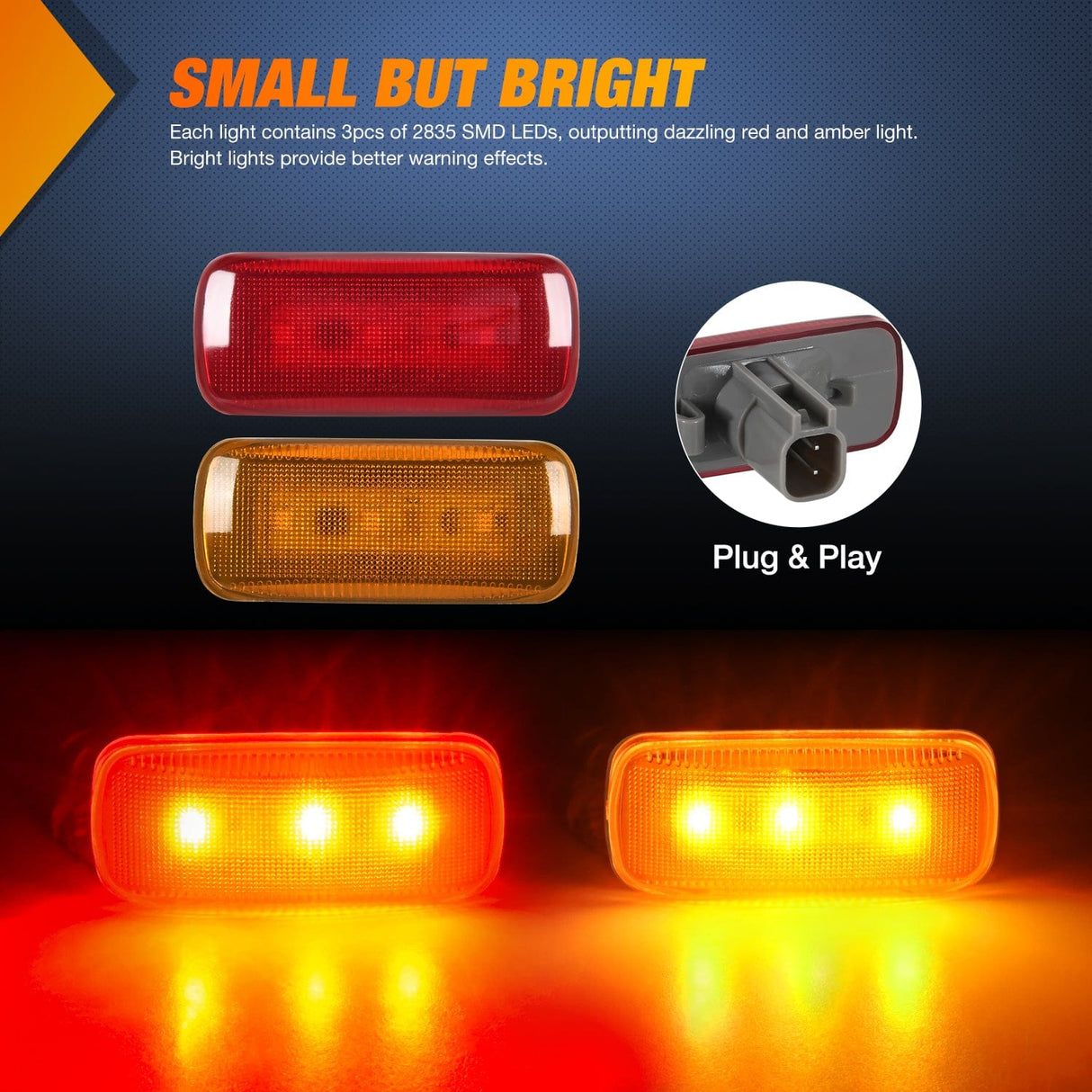 4 PCS 3 LED Red Amber Wheel Fender Side Marker Lights Nilight