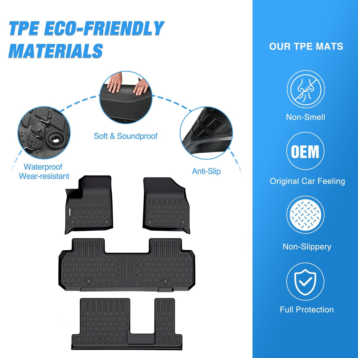 TPE Floor Mats for Chevy Traverse 8 Seats 2nd Row Bench Seat 2018 -2024 Nilight