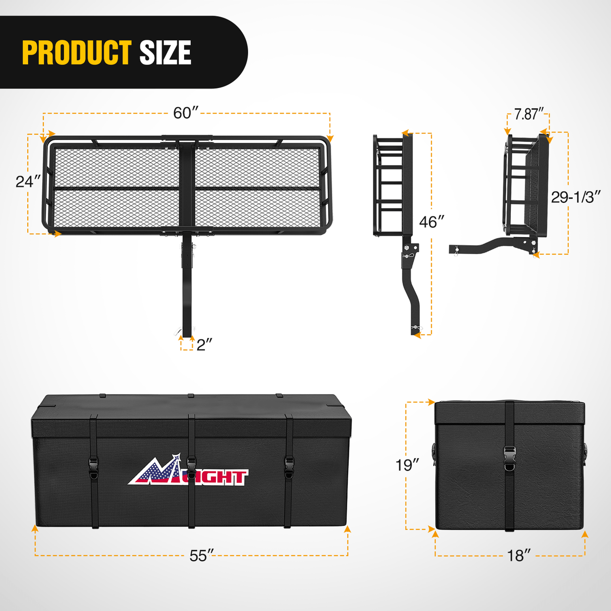 60 x 24 x 7.87 Inch Hitch Cargo Carrier Fits 2-Inch Receiver With Waterproof Cargo Bag Cargo Net Ratchet Straps Nilight