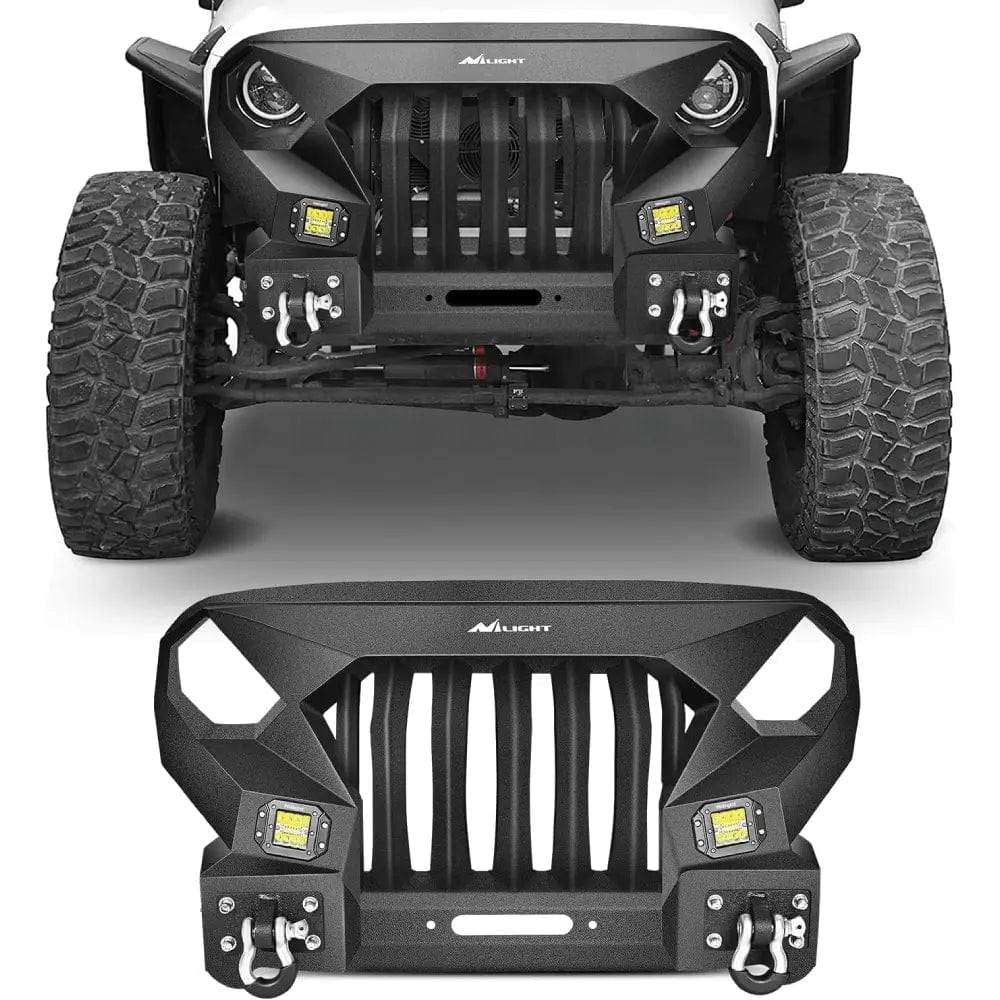 2007-2018 Jeep Wrangler JK & Unlimited 2/4 Doors Front Bumper Grill with Winch Plate 2Pcs 42w LED Work Light Pods Textured Black Solid Steel Off-Road Nilight